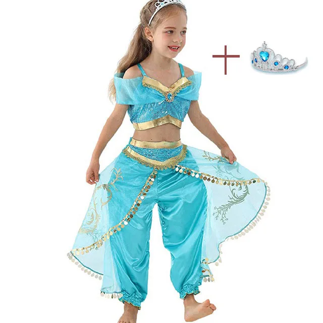 dress Add Headband1 Платье Цвета жасмин для девочек на Хэллоуин, Рождество, костюм принцессы Аладдина жасмина для детей, платье для танца живота, индийские платья - Цвет: dress Add Headband1