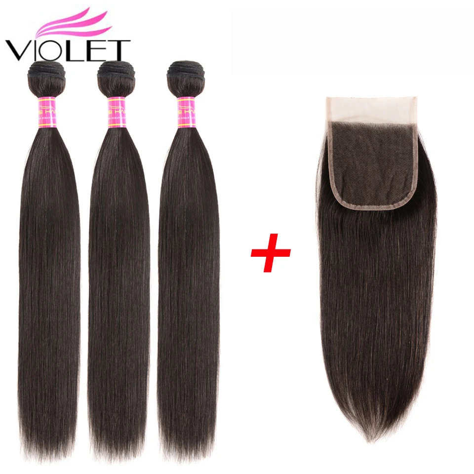 

VIOLET Brazilian Straight Hair Bundles With Closure 4x4 Free Part 4pcs/lot Non-Remy Human Hair Extensions Natural Color