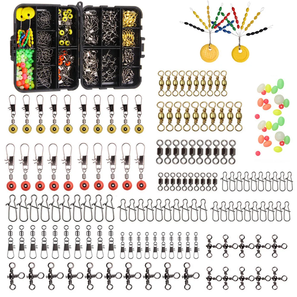 182pcs fishing swivels snap rolling connector float stopper fishing beads  combo with black fishing box for fishing tackle