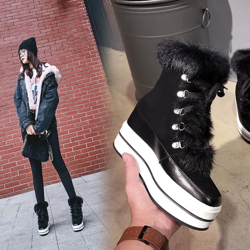 

Really Rabbit Fur Snow Boots Platform Thick Bottomed Lace up Front Short Boots 2018 Autumn & Winter Genuine Leather Elevator Wom