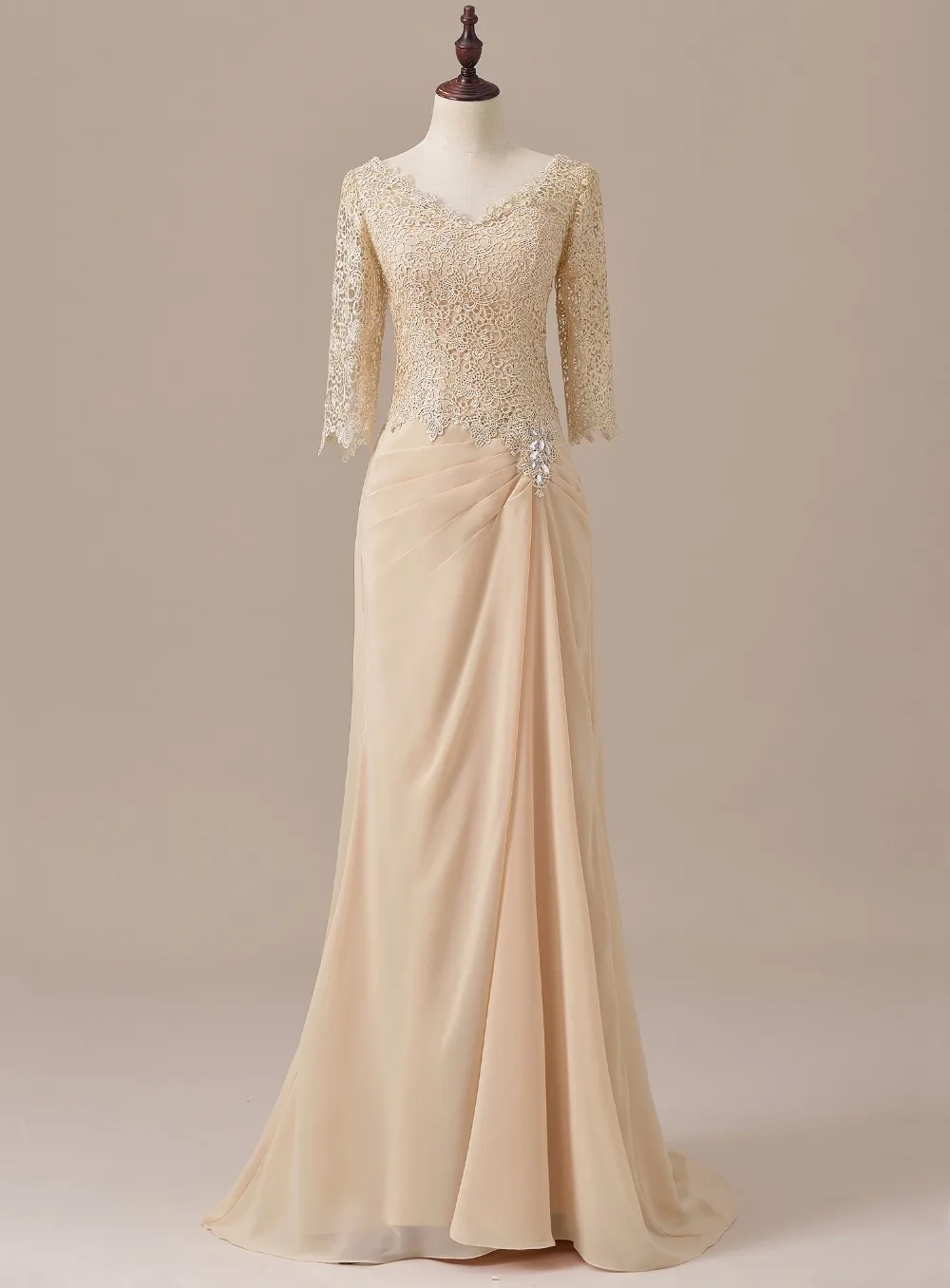 Elegante Driekwart Mouwen Lace Moeder Van De Bruid Jurk Champagne Voor Bruiloft Bruidegom Lange Avondjurk SLD-M11 Elegante Driekwart Mouwen Lace Moeder Van De Bruid Jurk Champagne Voor Bruiloft Bruidegom Lange Avondjurk SLD-M11
