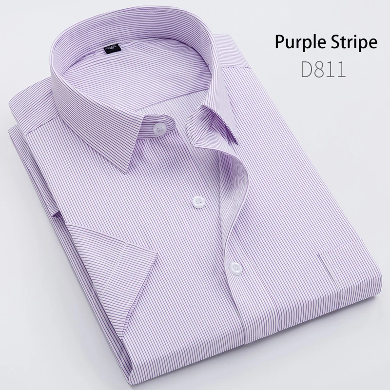 purple stripe Летняя мода, короткий рукав, нарядные рубашки, мужская деловая официальная одежда, приталенная Повседневная рубашка в полоску, клетчатая рубашка с нагрудным карманом - Цвет: purple stripe