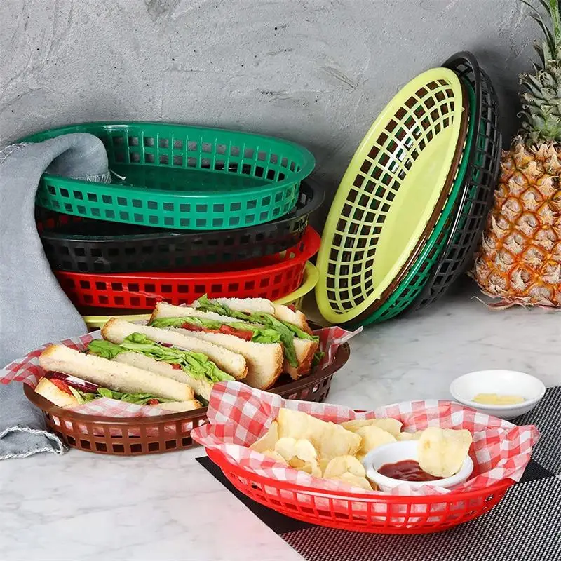 Lot De 10 Paniers Fast-Food Ovales + 50 Feuilles De Papier Huile – Pour Frites, Hamburgers, Snacks