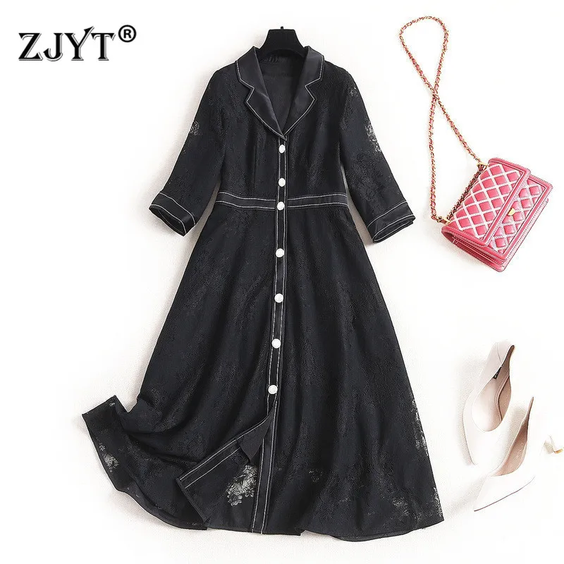 

2020 New Designer Spring Dress Women Fashion Clothes Elegant Turn Down Collar Single Breasted Aline Lace Dress Party Vestidos
