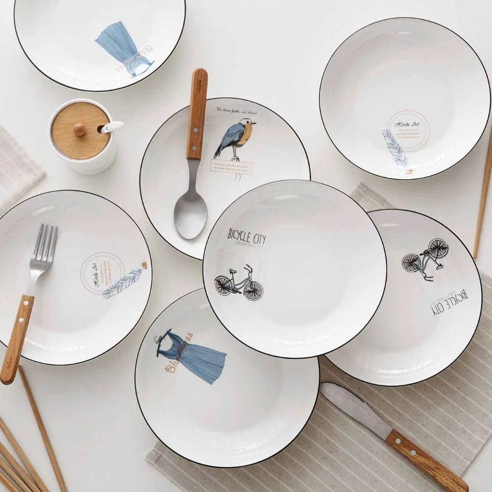 1PC Round Ceramics Western Plate European Style Breakfast Dish Plate Creative Household Tableware White Dish Tray