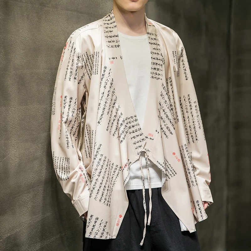 

M-5XL Plus Size Men's Kimono Jackets Cardigan Lightweight Casual Blends Long Sleeves Open Front Outwear Collarless Shirt XXXXXL