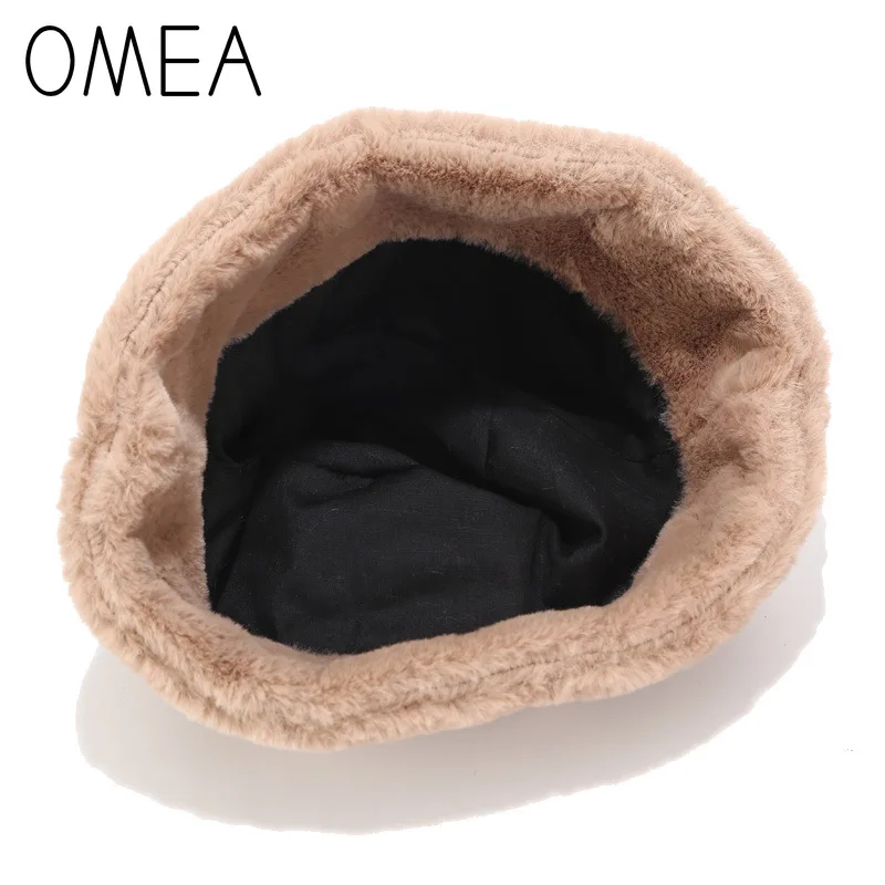 OMEA, норковая меховая шапка, женские зимние аксессуары, плюшевая шапка в рыбацком стиле, модная однотонная шапка-ведро из искусственного меха, повседневные Шапки