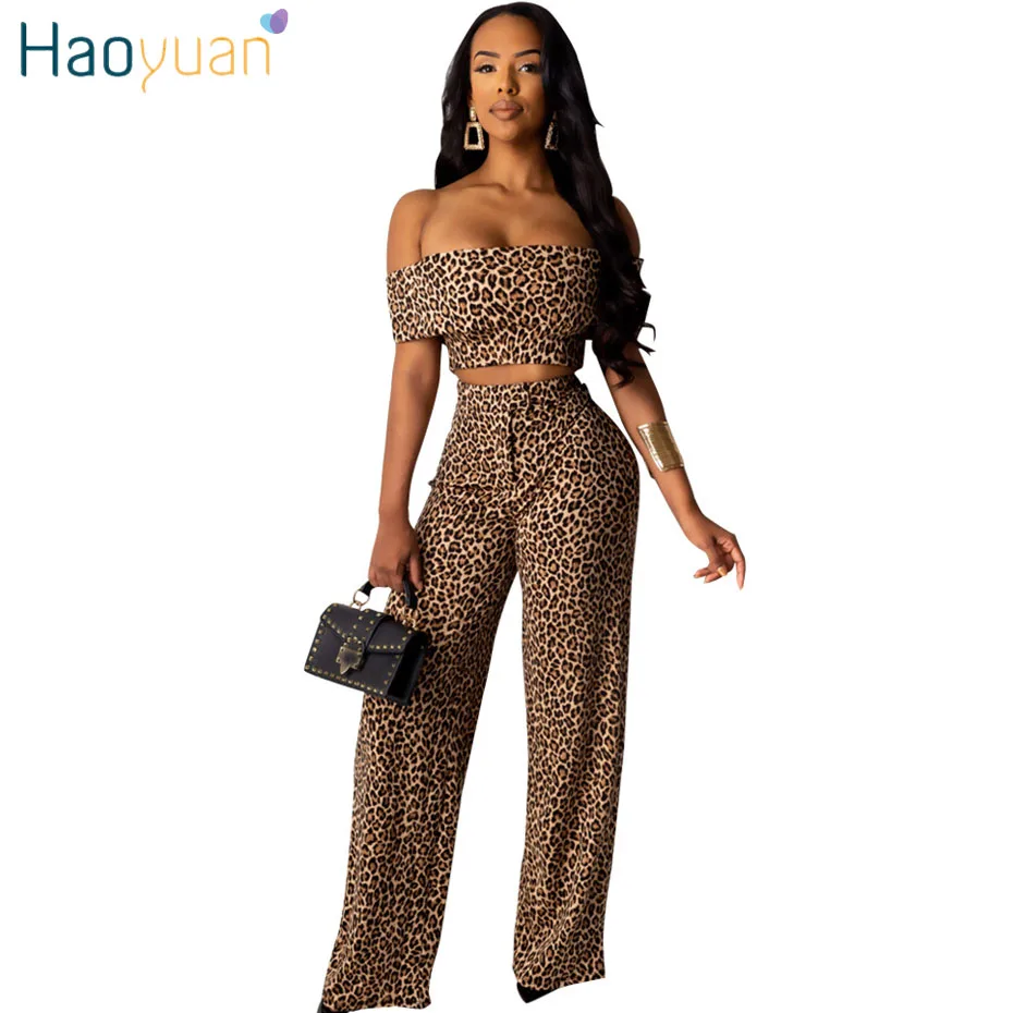 HAOYUAN, сексуальный леопардовый костюм из 2 предметов для женщин, праздничная одежда, короткий топ с открытыми плечами и штаны, костюм, осень, комплект из двух предметов