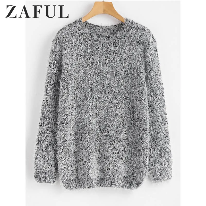 ZAFUL, простой Пушистый свитер, женские свитера, повседневные, с вырезом лодочкой, с длинным рукавом, женские топы, джемперы, женская одежда