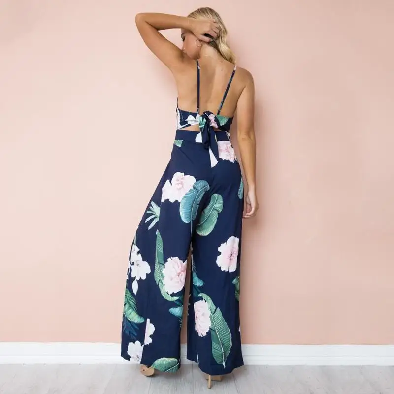 Летний модный женский комбинезон с v-образным вырезом с открытыми плечами комбинезоны с цветочным принтом на тонких бретельках с открытой спиной на шнуровке сексуальное боди