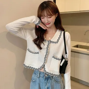 

Autumn Style Small Fragrance Is Thinner Short Knitted V-neck Cardigan Contrast Color Long-sleeved Top New Arrivals 2020