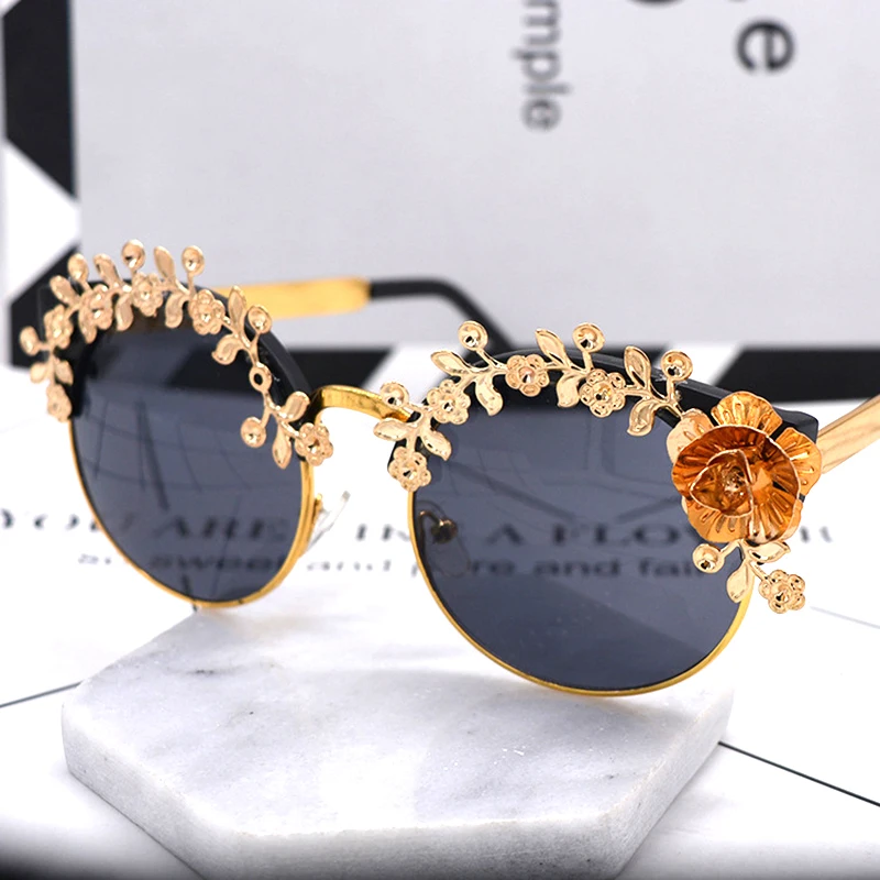 SOL DE ORO женские поляризованные очки модные солнцезащитные очки золотые розы украшенные солнцезащитные очки тренд ретро очки - Цвет линз: BLACK