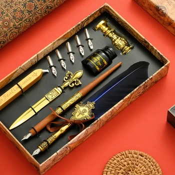 

Vintage Quill Feather Dip Pen Fountain Writing Ink 5 Nibs Seal Wax Gift Box Calligraphy Stationery School Office Supplies