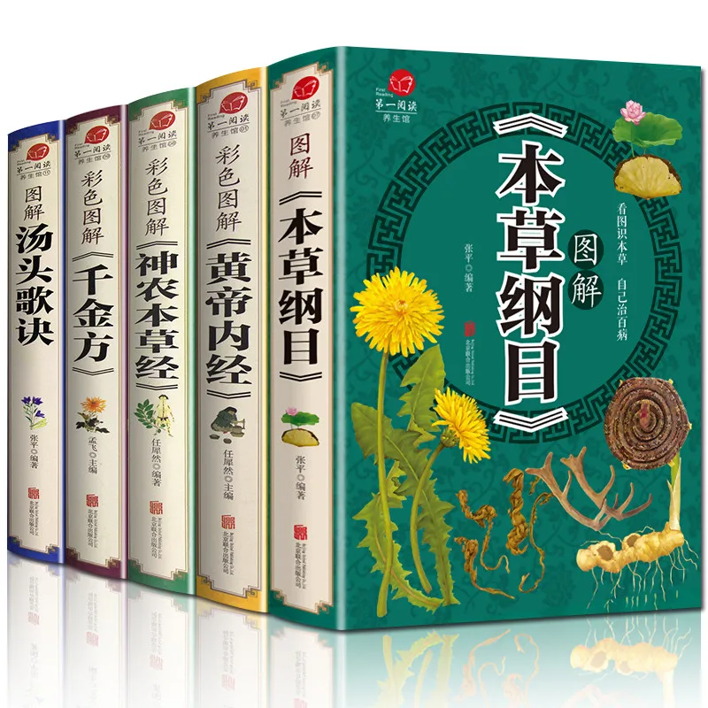 

5 PCS/Set Chinese Medicine Famous Books Illustration with Translatation Compendium of Materia Medica Qian Jin Fang