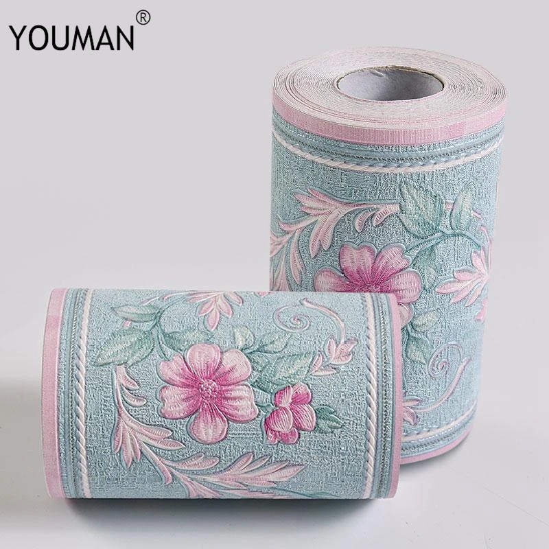 

3D Flower Embossed Wallpaper Waistline PVC Self-Adhesive Bathroom Waterproof Home Decor Kitchen for Kids Room Wallpaper Borders