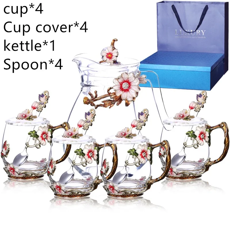 With gift box Высококачественная эмалированная чашка для воды, чайник, набор креативных цветочных чайных чашек, женский маленький свежий стеклянный практичный подарок - Цвет: With gift box