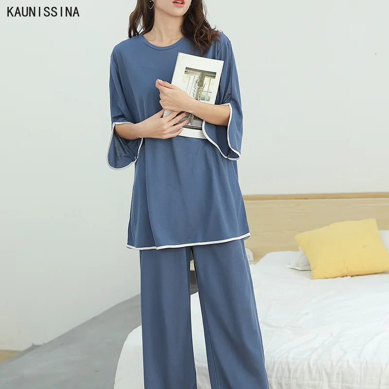 

Women Plus Size Pajamas Sets O-Neck Half Sleeve Nightshirt Ankle Length Wide Leg Pants Loose Summer Soft Sleepwear Home Suits