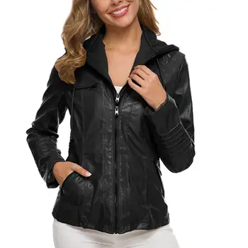 

Fashion Women Autumn Faux Leather Long Sleeve Hooded Zipper Motorcycle Jacket Gothic Jacket Motorcycle Jacket Black Outerwear