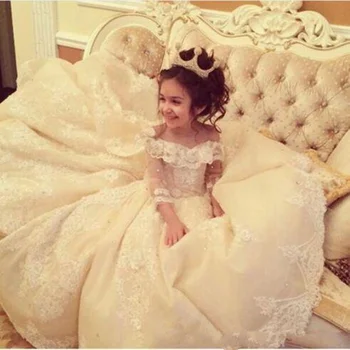

Vintage Pageant Flower Girl Dresses Lace Applique Sweep Train Long Sleeves Ball Gown Kid First Communion Prom Dresses