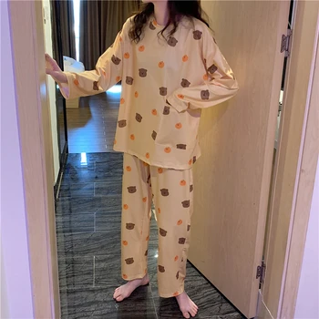

Women Cute Cartoon Pajamas Set Long Sleeve Long Pants 2pcs Leisure Wear Loose Casual Pijama Spring Round Neck Sleepwear S297