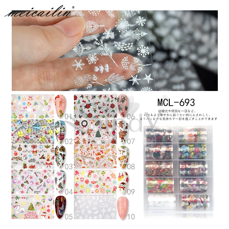 10pcs/Set Japanese Santa Claus Mix Style Nail Art Transfer Foil Christmas Designs Nail Stickers Decals Wraps Decoration Manicure