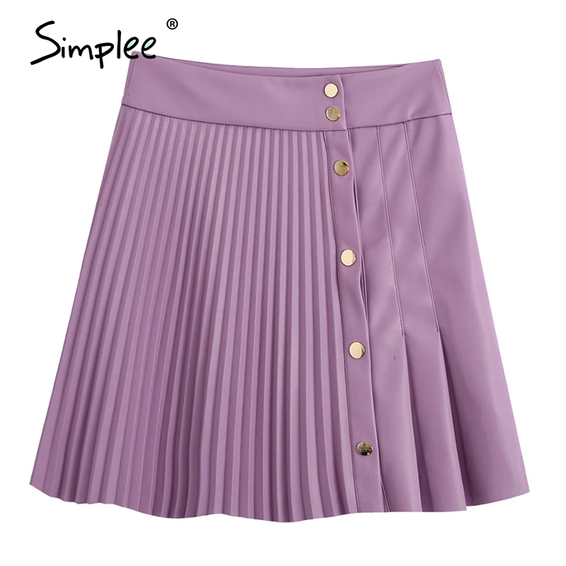 Simplee Fashion artificial leather womens Mini Skirt Striped button A-line short skirt High Street Black Leather Skirt autumn