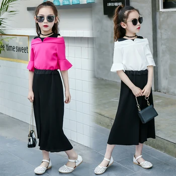 

2019 Summer Girls Clothing Sets Kids T-shirt +Wide Leg Pants Suits Children Short Sleeve Baby Girl Clothes 4 5 6 7 9 10 11 Years