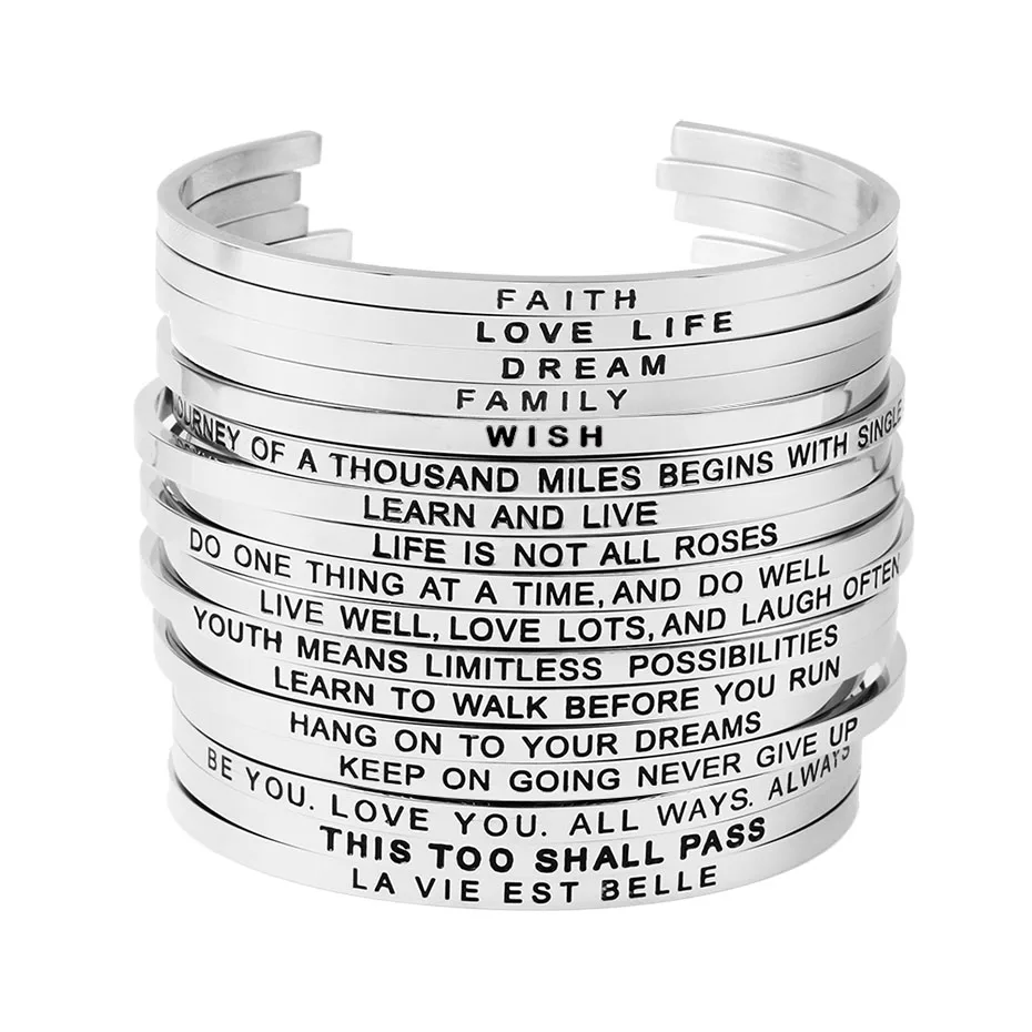 CV3401-2 Inspirational cuff bangle for girls women 316L stainless steel engraved 74 kinds of positive phrases mantra bracelet jewelry (2)