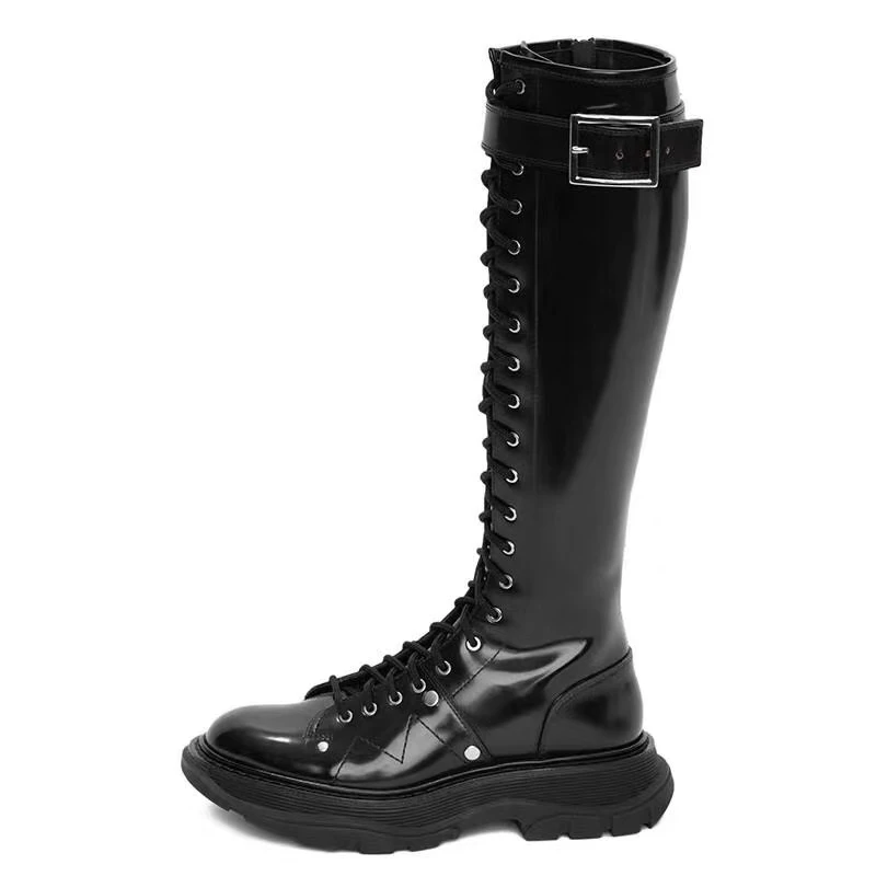 Черные, белые кожаные сапоги до колена на резиновой подошве; военные женские сапоги на шнуровке