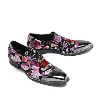 

casual business Men's shoes pink flower leather tip fashion youth wedding shoes borgues comfortable breathable leather shoes