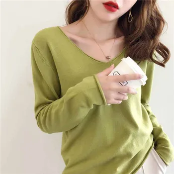 

Oversized T Shirt Women Basic Tshirt V neck Korean Clothes Roll Hem Knitted Long sleeve Avocado green Ladies Tops Casual