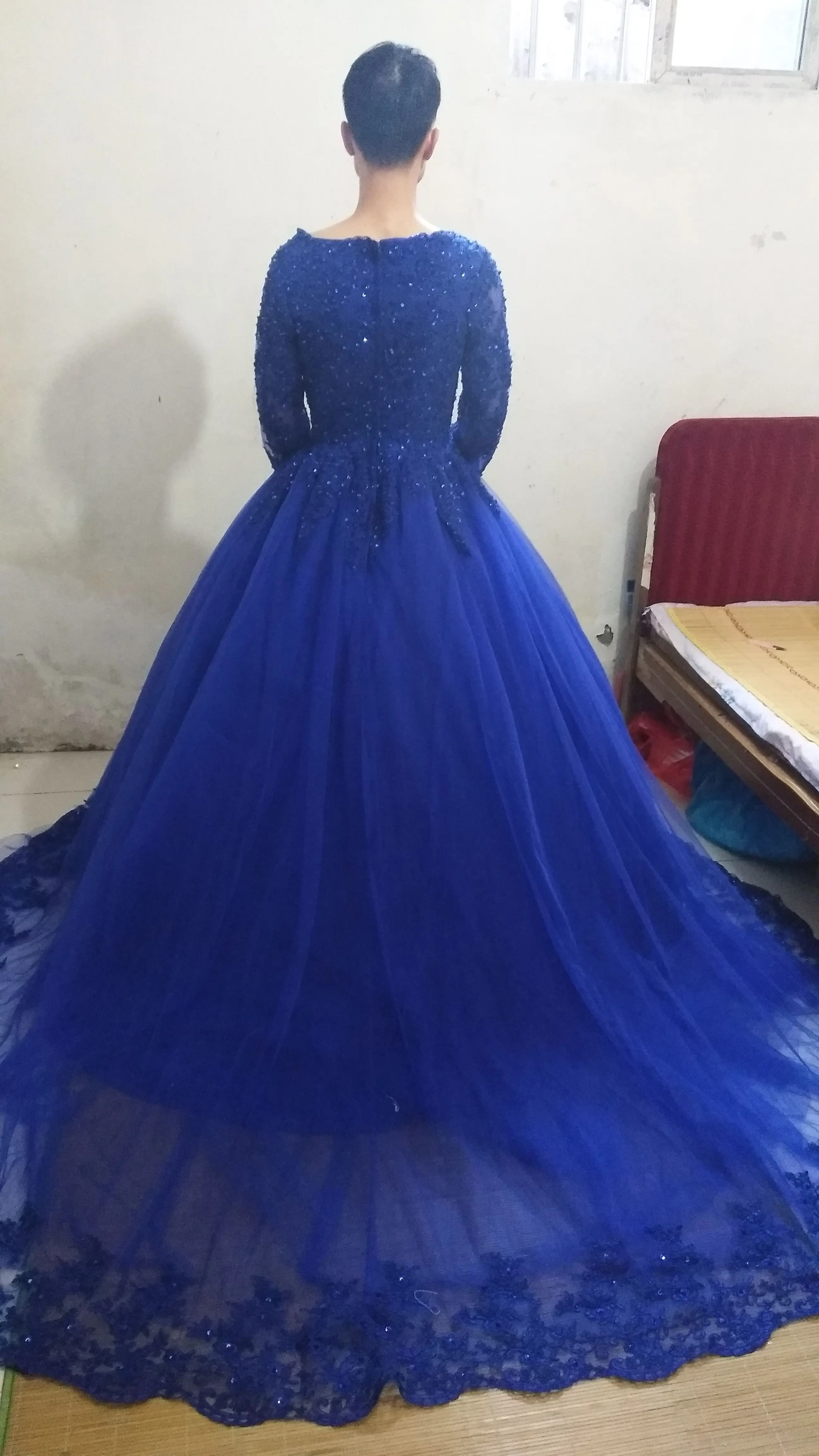 Vestido de festa Королевское синее бальное платье с длинными рукавами Выпускные платья мусульманское кружево с аппликацией и бисером принцесса Пышное Платье На Выпускной платья