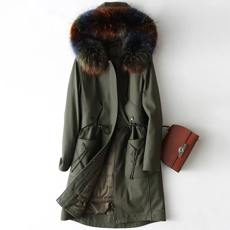 Army green AYUNSUE куртка из натуральной кожи женская одежда зимнее пальто из овчины длинный пуховик из натуральной кожи воротник из меха енота X-38-1 - Цвет: Army green