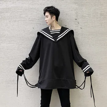 

New Men Preppy Style Big Collar Retro Fashion Casual Pullover Hoodie Streetstyle Male Women Couple Sea-striped Shirt Sweatshirt