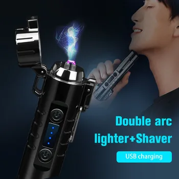 

New Dual Arc Plasma Electric Lighter With Razor Beard Shaver Windproof USB Pulse Rechargable Lighter Cigarette Ignition Gadgets