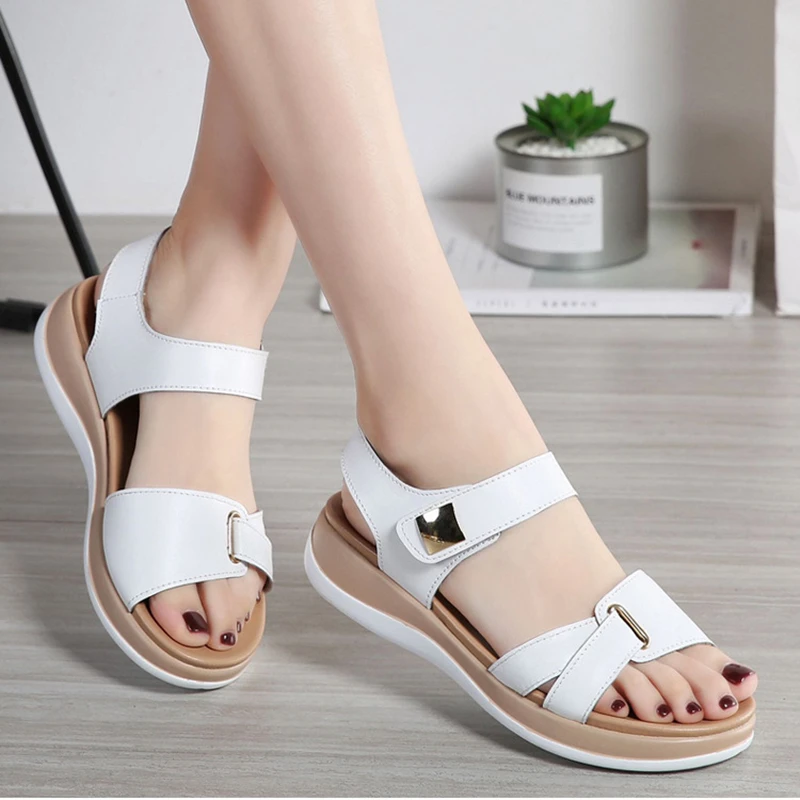Women Genuine Leather Shoes Sandals Flats Soft Hook Loop Korean Bling Summer Beach Size 35-40