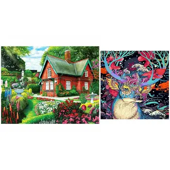 

2 Set 5D Diy Diamond Painting Home Decor Full Round Diamond Embroidery - Spring Landscape & Colored Elk