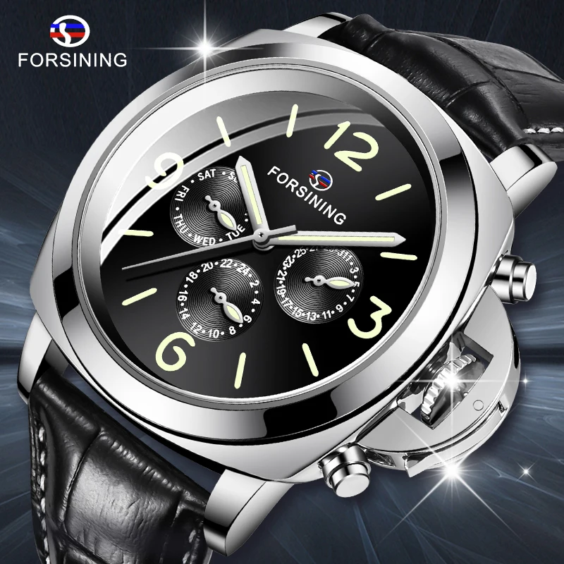 

New FORSINING Multifunction Watch Men Auto Mechanical Leather Strap Luminous Hands Working Sub-dials Casual Male Wristwatch