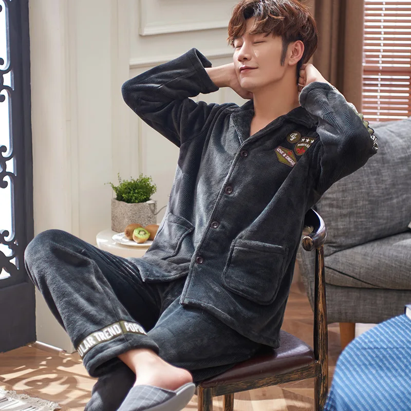 

Pajamas Men Autumn & Winter Coral Velvet Thick Flannel Loose And Plus-sized Casual Warm Homewear Set