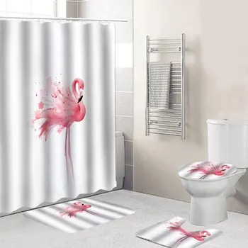 

Nordic Pictures Polyester Flamingo Waterproof Bathroom Shower Curtain Toilet Cover Bath Mat Non-Slip Rug Set with 12 pcs Hooks