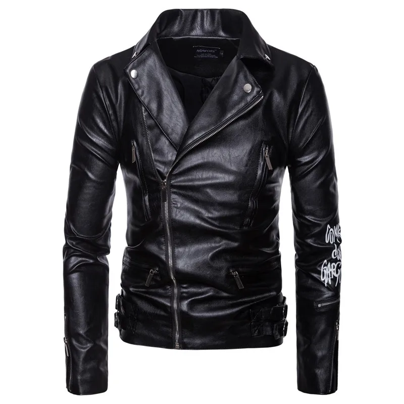 

Vogue Men Motorcycle Coats Jaket Men Deri Mont Ceket Spring Leather Jacket Men Letter Print Leather Biker Jacket Plus Size 4XL