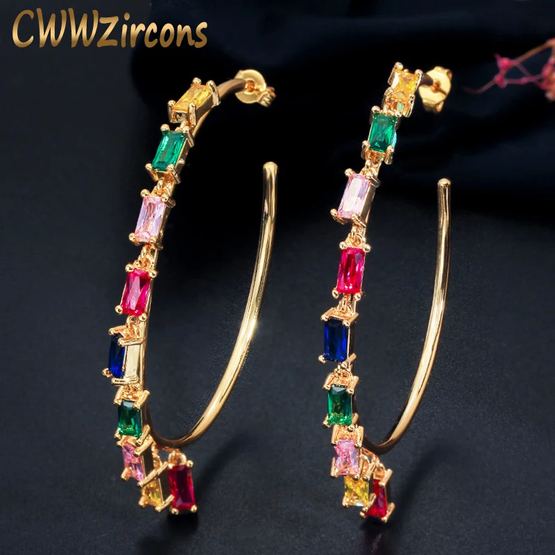CWWZircons Large Gold Color Round Circle Pendant Hoop Dropping CZ Zircon Charm Earring Bohemia Women Fashion Jewelry CZ610