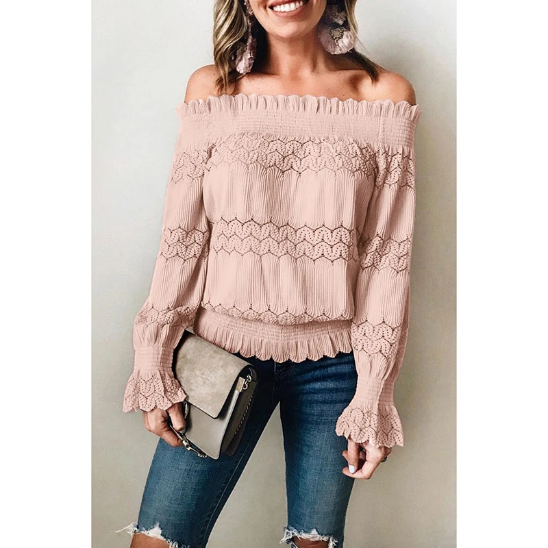  Sexy Women Slash Neck Hollow Out Lace Blusas Solid Long Sleeve Slim Blouse Ladies Casual Harajuku B