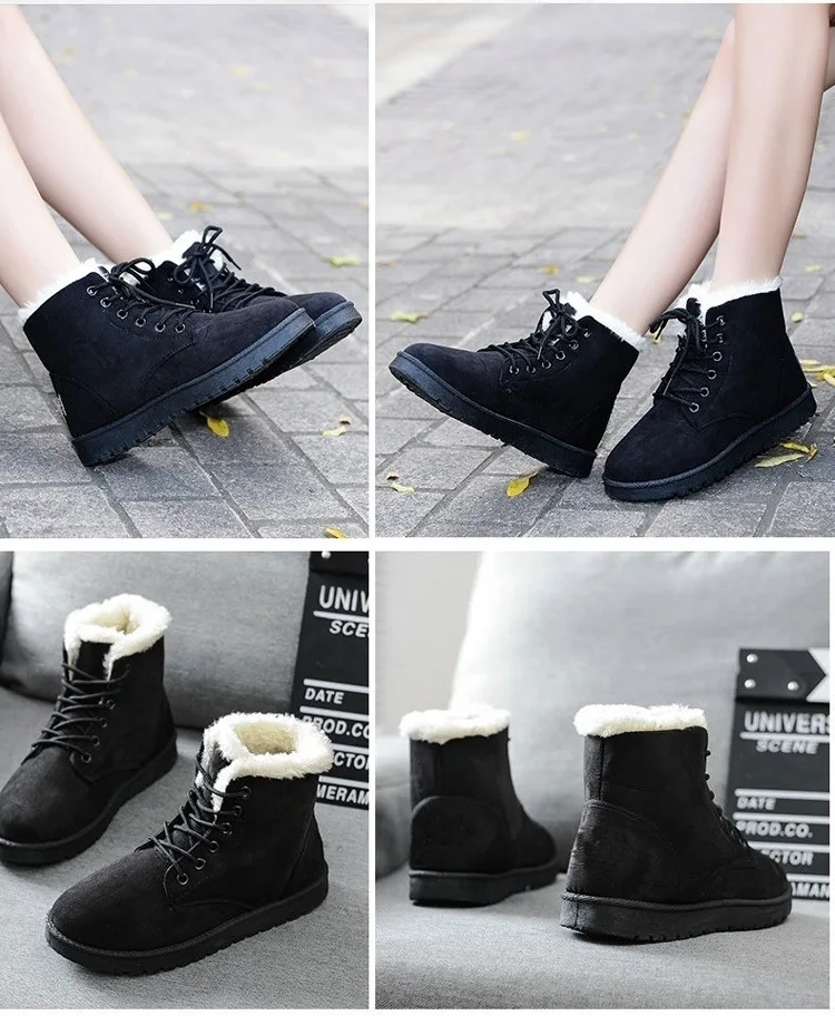 Классические женские зимние теплые ботинки; женские ботильоны из искусственной замши; обувь из плюша на плоской подошве со шнуровкой; Женские однотонные ботинки; AL59965