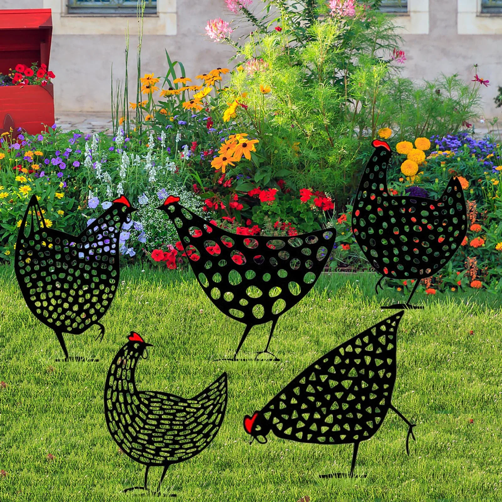5Pcs New Gardening Ornaments Chicken metal Yard Art Outdoor Garden Backyard Lawn Decor Metal Hen Yard Gift Easter Decorations