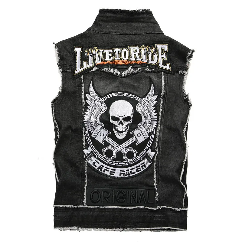 

Vest Men Sleeveless Denim Jeans Jacket Punk Rivet Skull Embroidery Patch Waistcoat Fashion Men Jeans Vest Streetwear x111