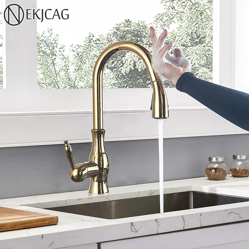 Polished Gold Sensor Kitchen Faucet 360 Rotation Pull Out Spary Single Handle Cold Hot Mixer Tap Sensitive Touch Sink Crane white undermount kitchen sink