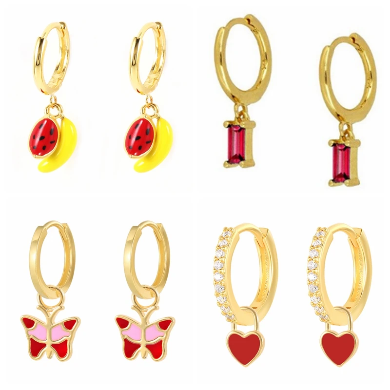 18k Gold Plated Red Enamel Star Fruit Love Butterfly Earrings