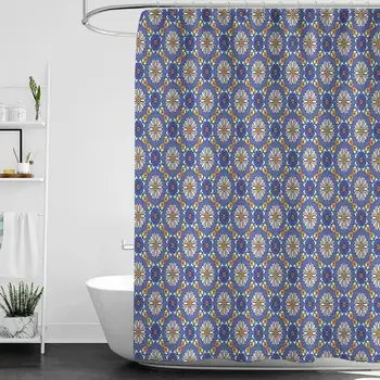 

Shower Curtains Purple for Bathroom Fabric Geometric,Flower Portuguese Azulejo Pattern Arabesque Oriental Influences,Violet Blue
