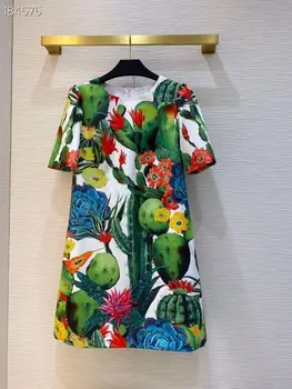 

2020 New Fashion Runway Autumn Dress Women Retro Short Sleeve Cactus Printed Vintage Mini A-Line Dress